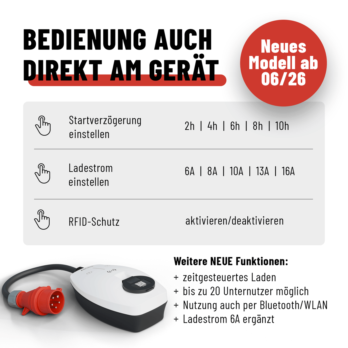 ABSINA mobile Wallbox 11 kW mit App und RFID – CEE 16 A, 301018 – Einstellmöglichkeiten
