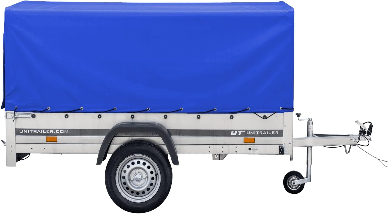 UNITRAILER Car Trailer 230 x 125 cm Garden Trailer 230 Tilting 750 kg with Jockey Wheel, Blue Tarpaulin and High Arrow