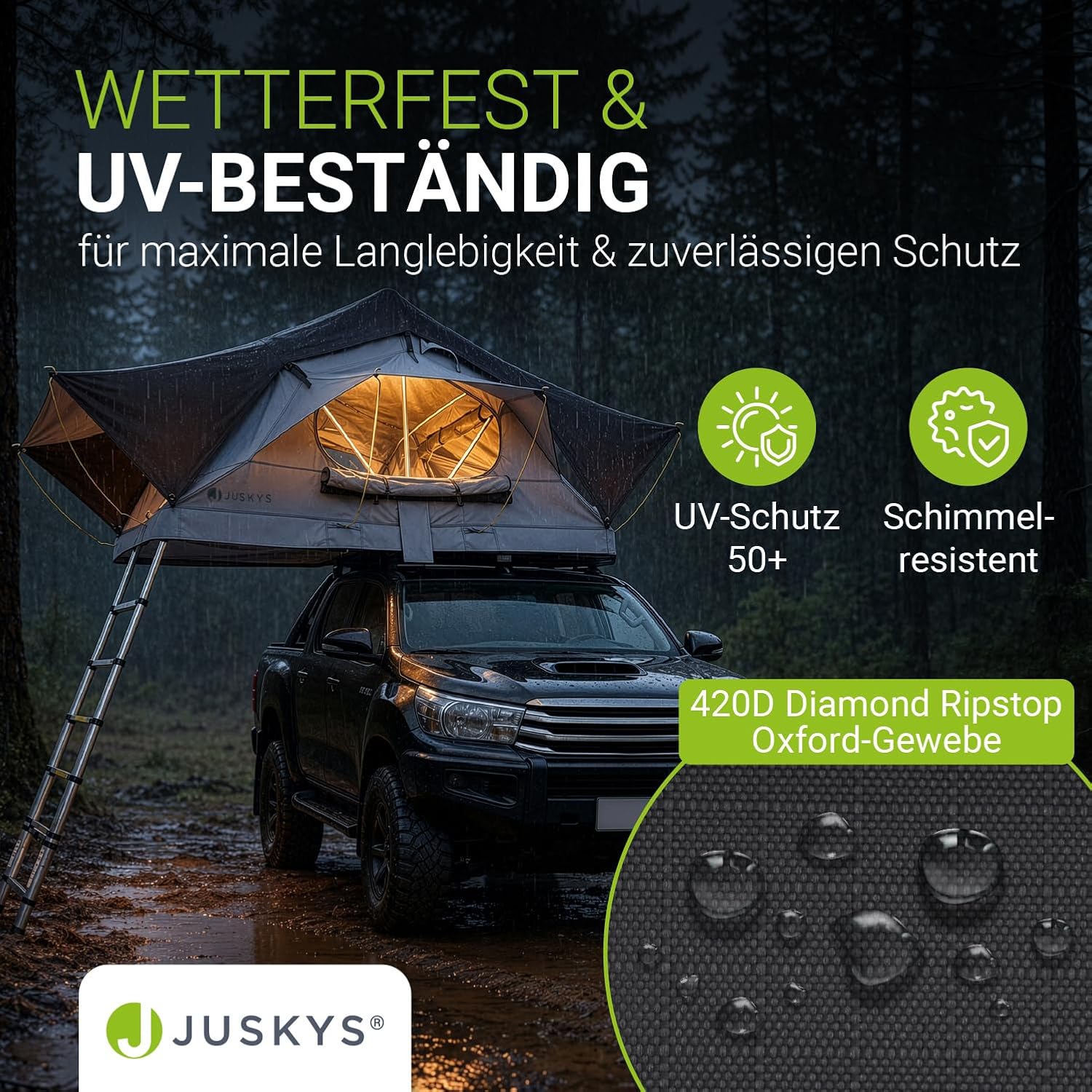 Juskys Autodachzelt Lago - Robuste Konstruktion, wasserabweisend & UV-Schutz, Autodachzelt, Camping, LED-Beleuchtung