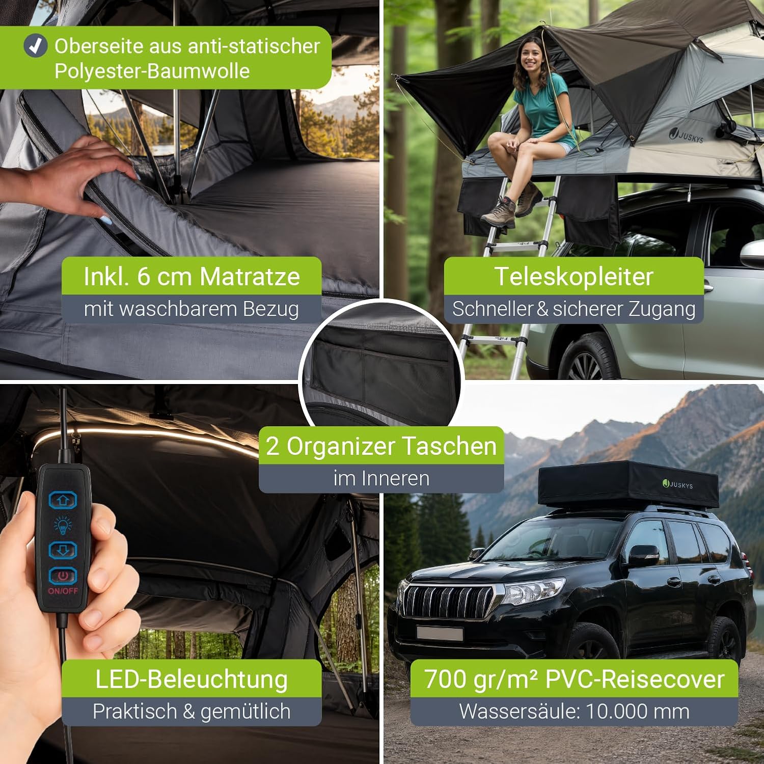 Juskys Autodachzelt Lago - Robuste Konstruktion, wasserabweisend & UV-Schutz, Autodachzelt, Camping, LED-Beleuchtung