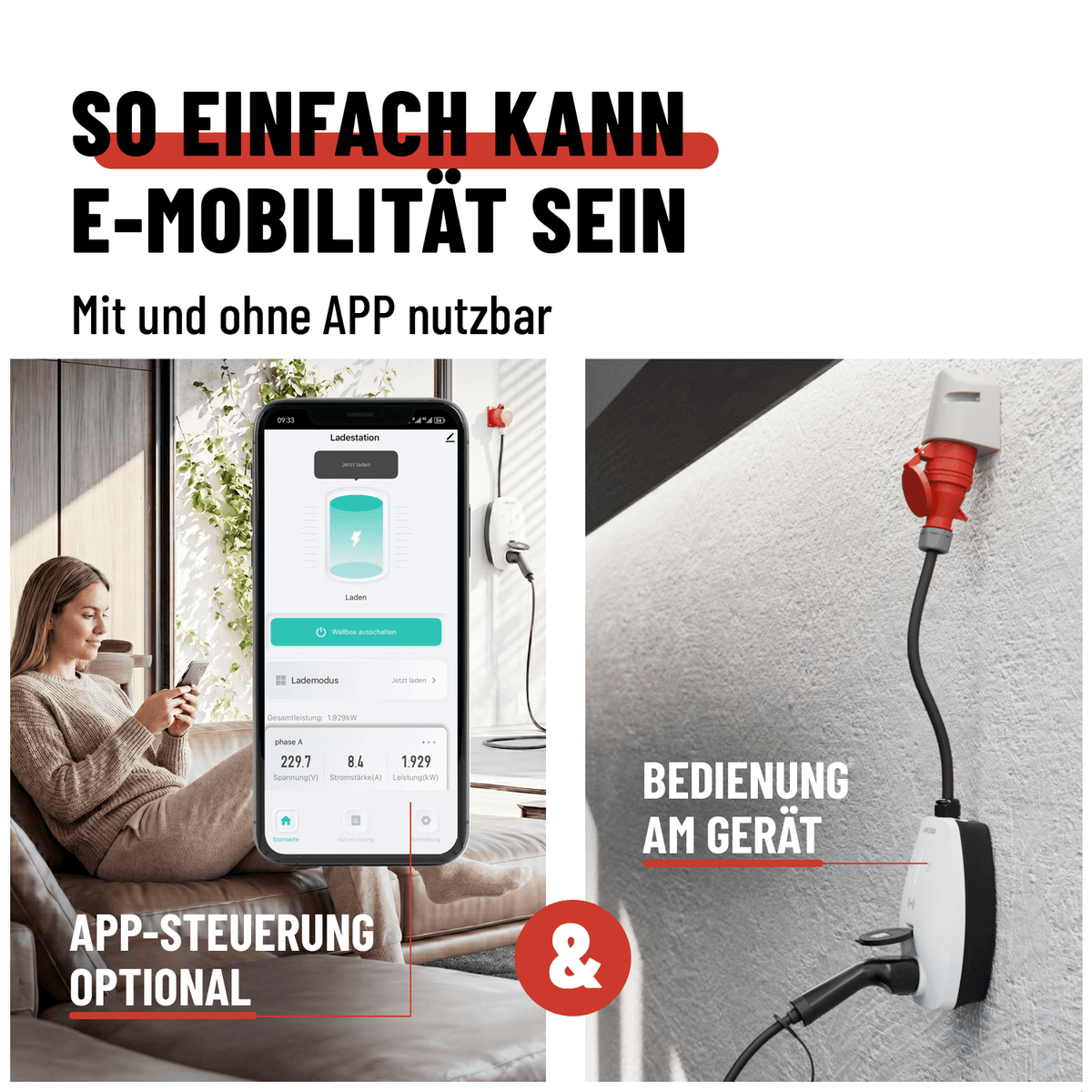 ABSINA mobile Wallbox 11 kW mit App und RFID – CEE 16 A, 301018 – App und Bedienung am Gerät