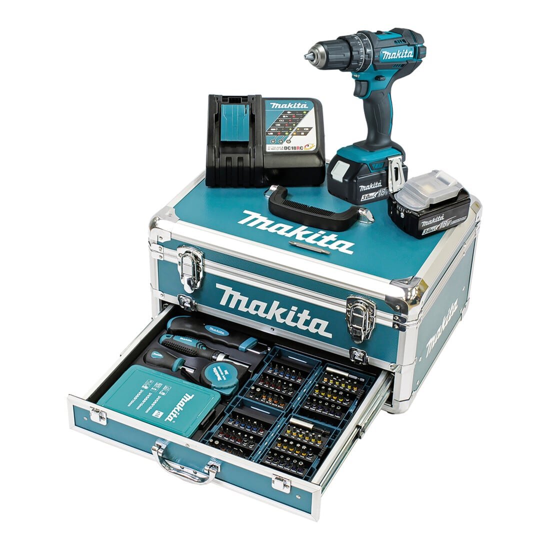 Makita DHP482RFX9 Akku-Schlagbohrschrauber-Set 18 V – 2 × 3,0 Ah – Produktansicht