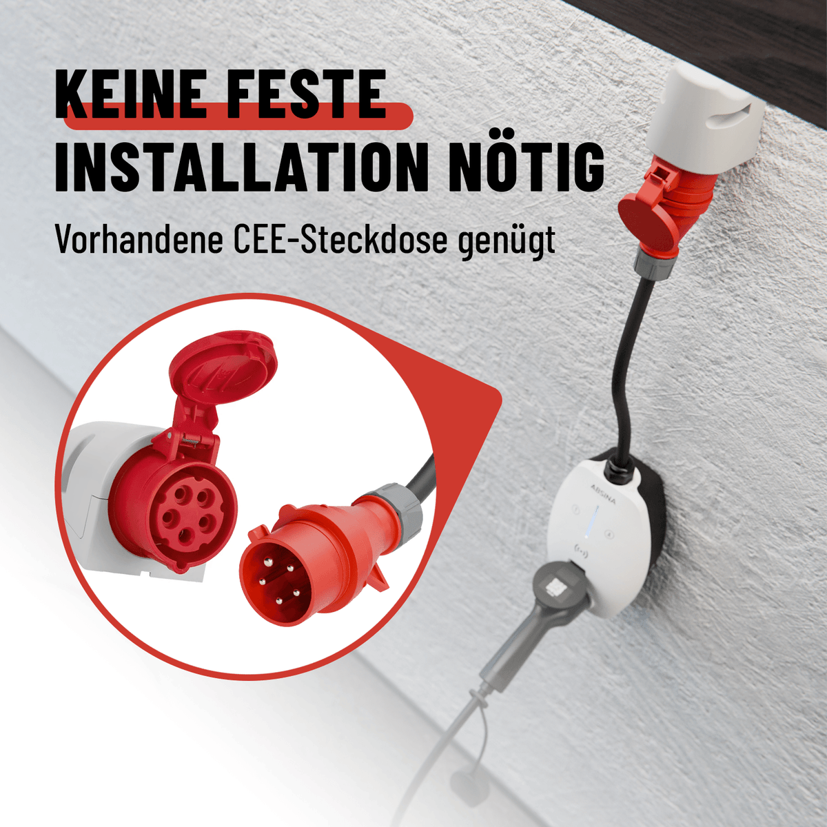 ABSINA mobile Wallbox 11 kW mit App und RFID – CEE 16 A, 301018 – CEE-Netzanschluss