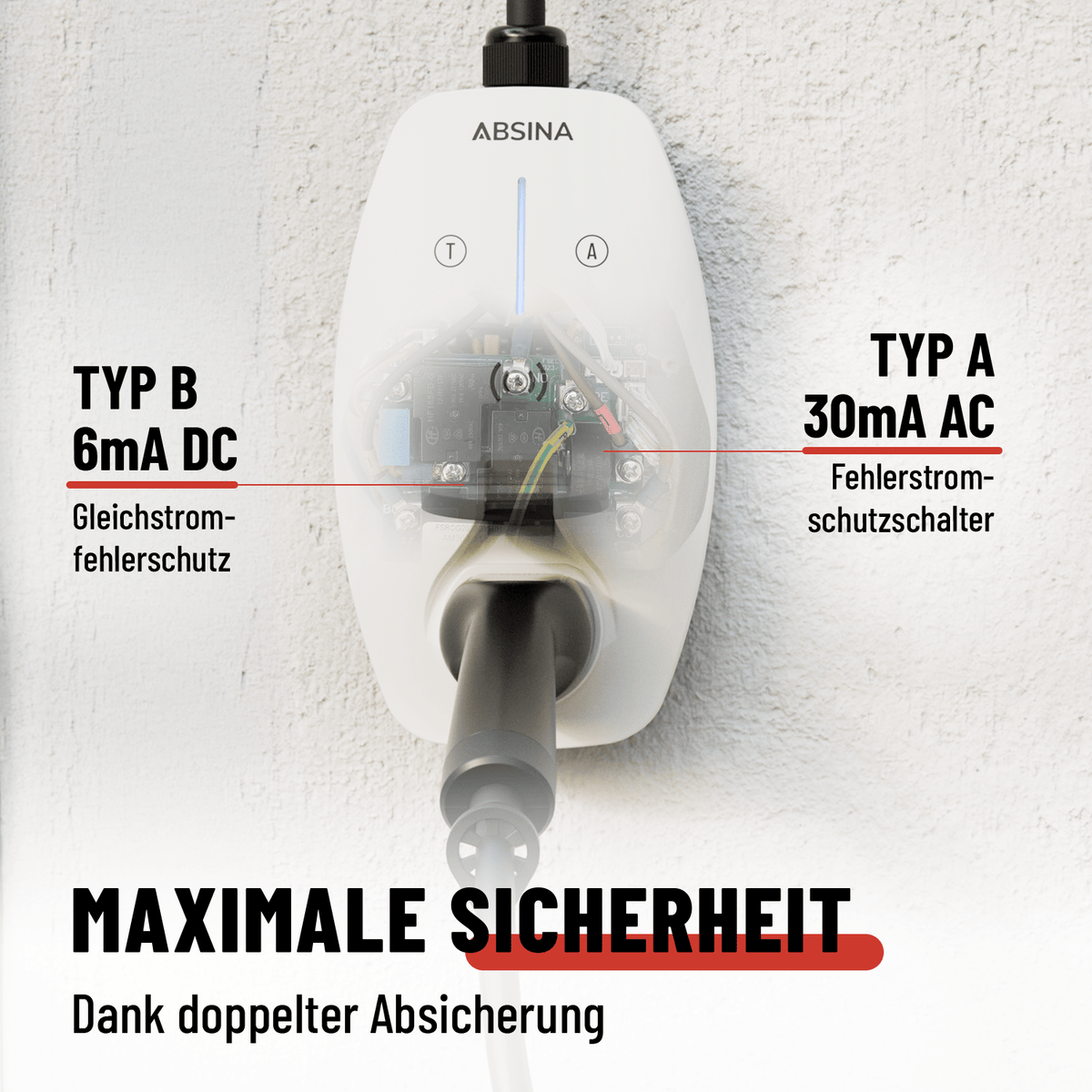 ABSINA mobile Wallbox 11 kW mit App und RFID – CEE 16 A, 301018 – Schutzfunktionen