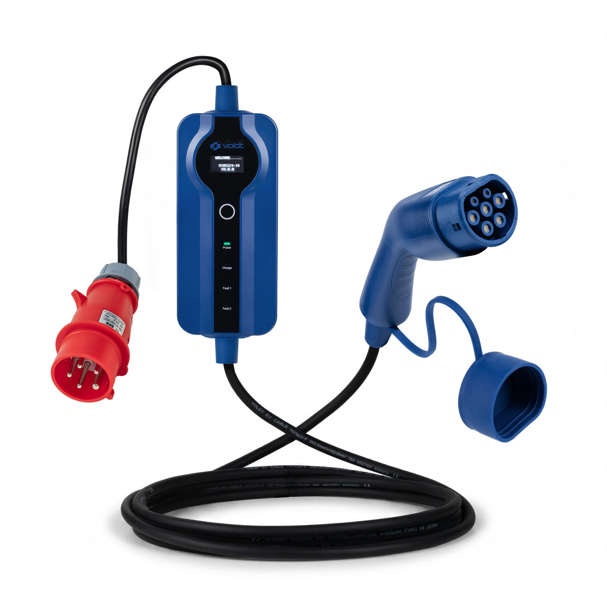 Voldt mobile Ladestation 11 kW mit App – CEE 16 A, Typ 2, 5 m – Produktansicht, CEE 16 A und Typ 2